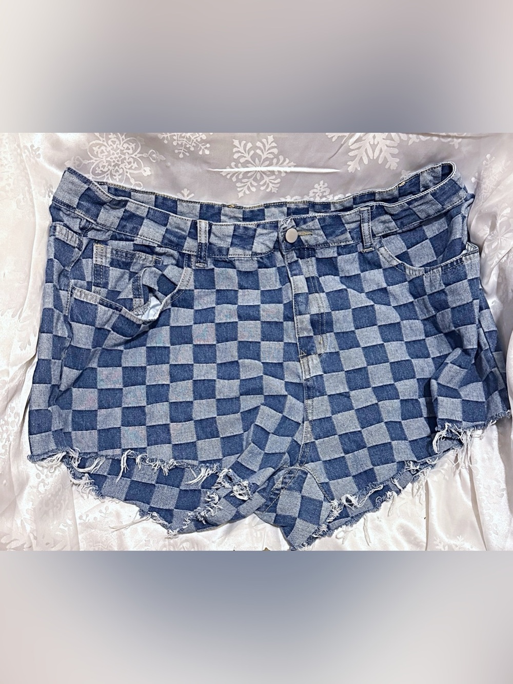 Checkered Blue Denim Women's High-Rise Shorts